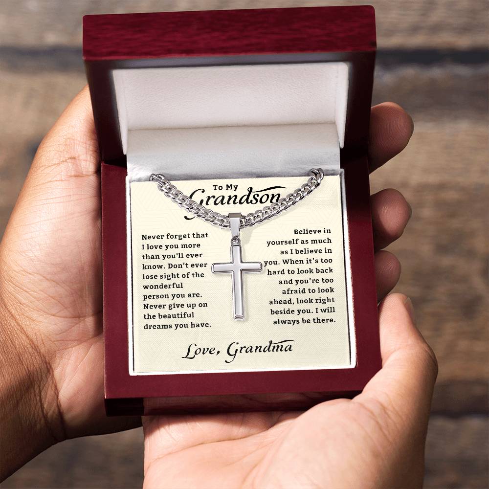 To My Grandson Necklace | Gifts From Grandma | Cross Cuban Link Chain | Jewelry Card for Him | Best Birthday, Christmas Gift Idea for Grandson