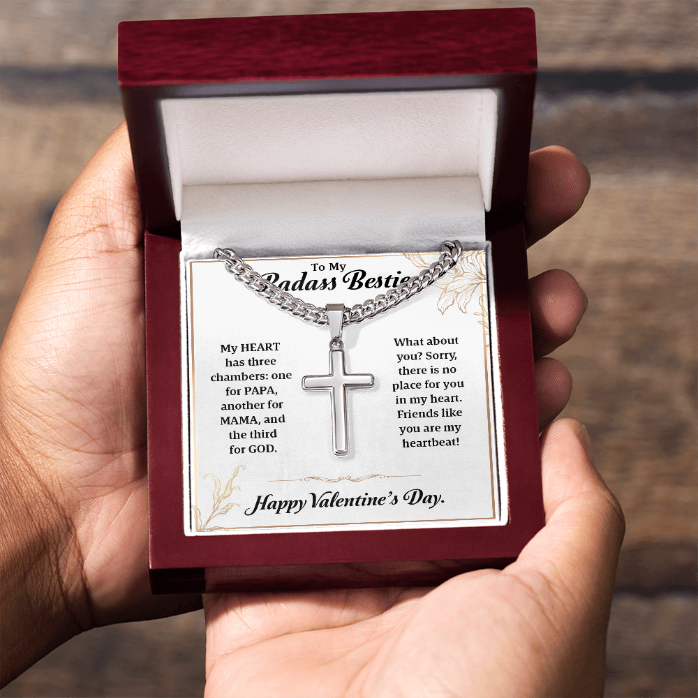 To My Badass Bestie – Cuban Link with Artisan Cross Necklace, Heartfelt Friendship Gift, Funny Best Friend Jewelry, Unique Valentine's Day Gift