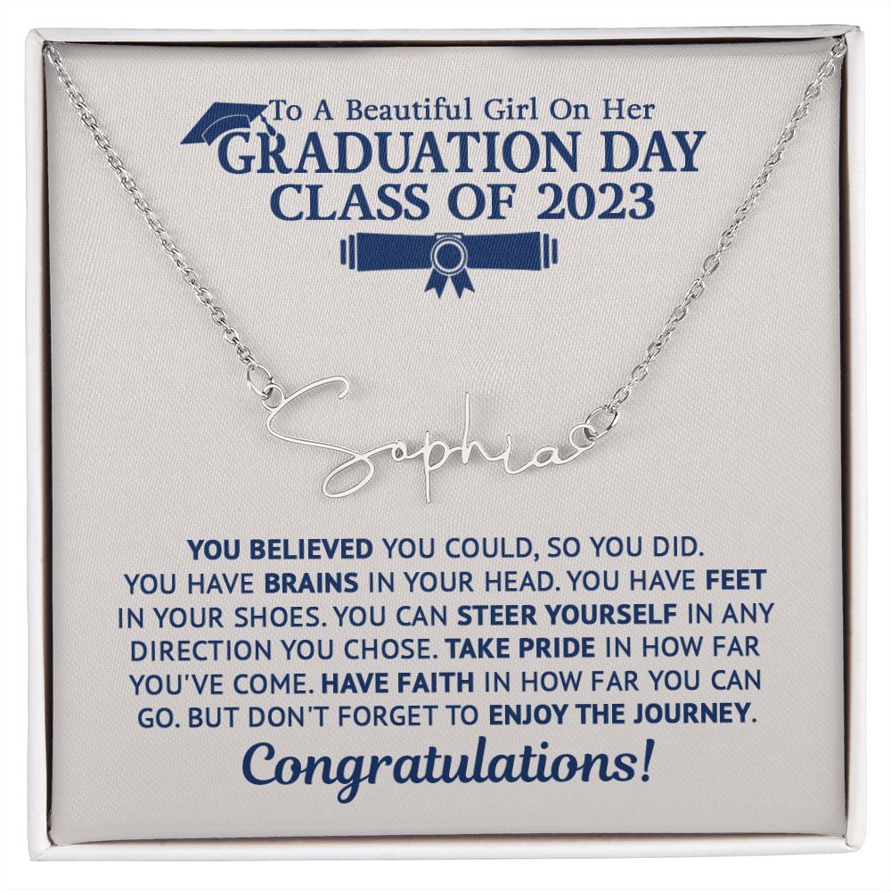 To My Daughter Custom Signature Style Name Necklace for her Graduation Day Gold Finish Over Stainless Steel