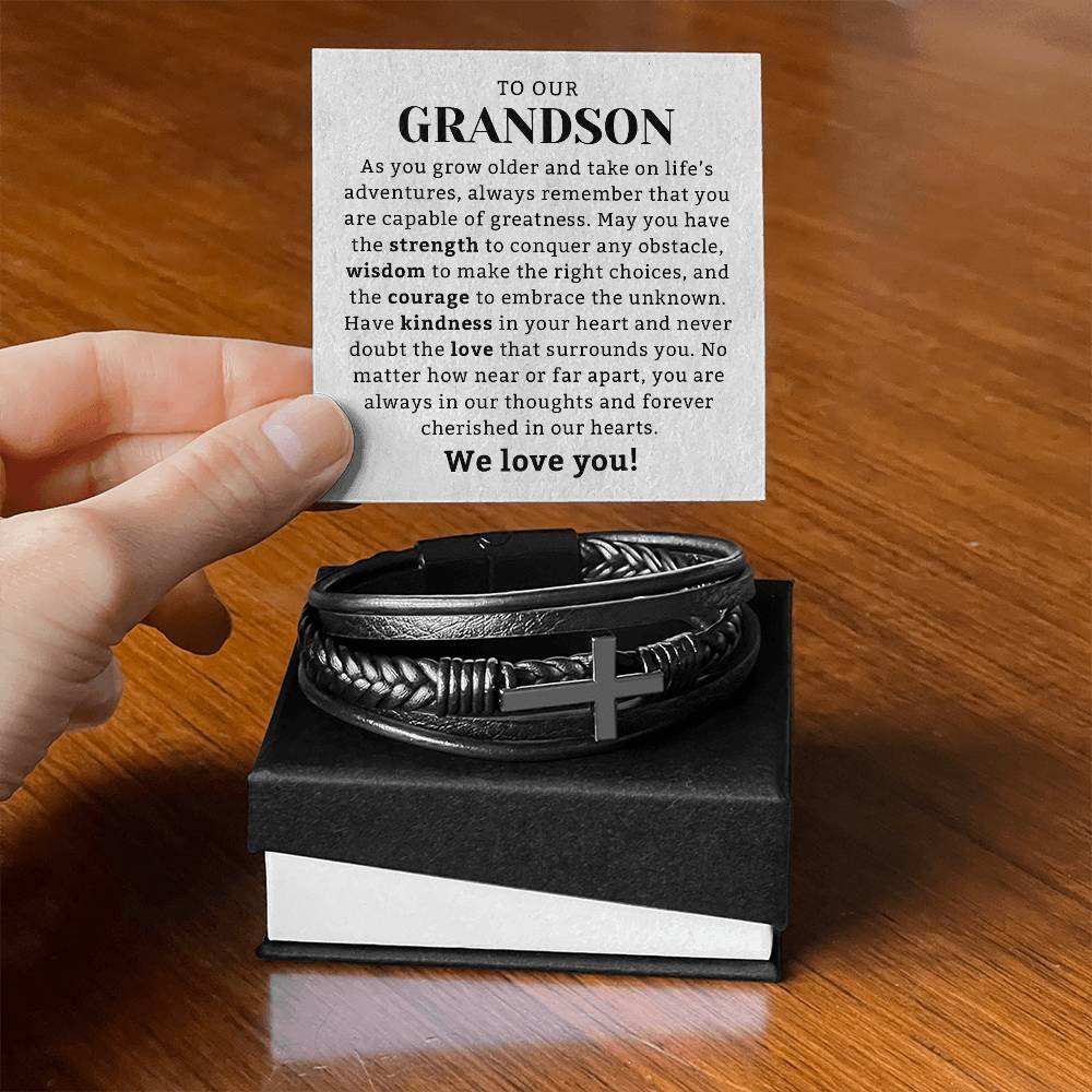 To Our Grandson Gift Leather Bracelet, Grandson Gift from Grandma or Grandpa, Grandparents to Grandson Gift, Grandson Christmas Gift Ideas