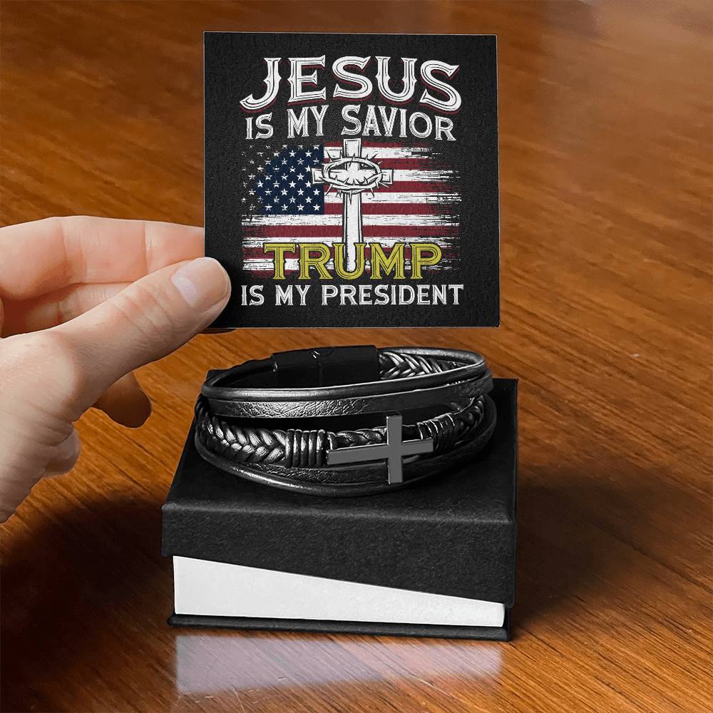 Jesus Is My Savior Trump Is My President American Flag Men's Cross Leather Bracelet with unique message card