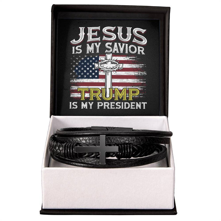 Jesus Is My Savior Trump Is My President American Flag Men's Cross Leather Bracelet with unique message card