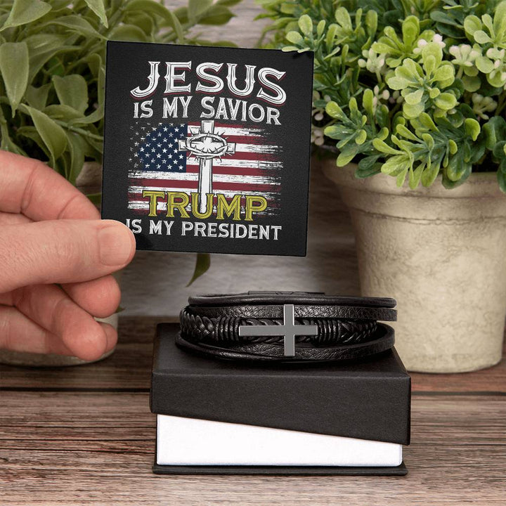 Jesus Is My Savior Trump Is My President American Flag Men's Cross Leather Bracelet with unique message card