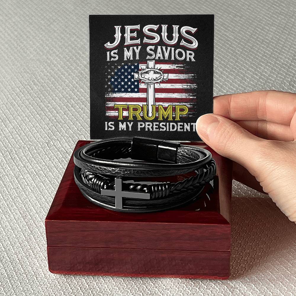 Jesus Is My Savior Trump Is My President American Flag Men's Cross Leather Bracelet with unique message card