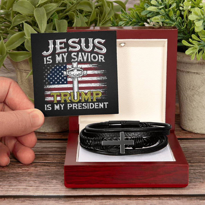 Jesus Is My Savior Trump Is My President American Flag Men's Cross Leather Bracelet with unique message card