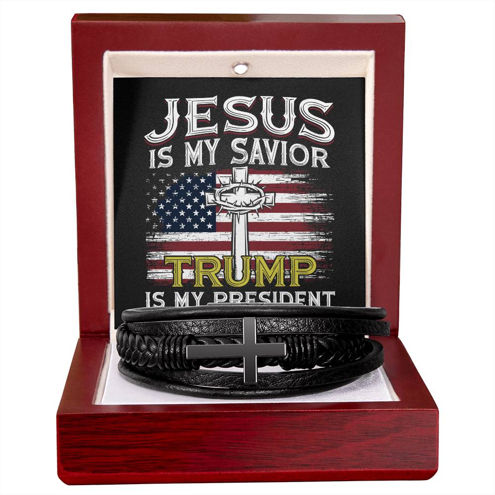 Jesus Is My Savior Trump Is My President American Flag Men's Cross Leather Bracelet with unique message card