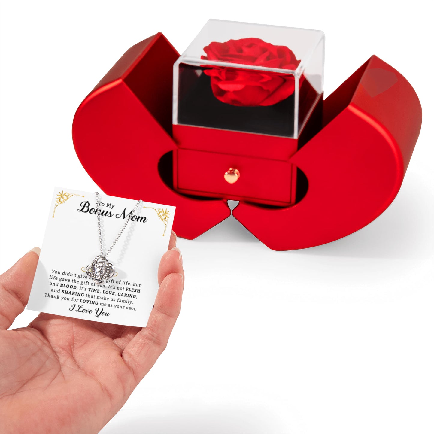 To My Bonus Mom - Love Knot Necklace with Red Heart Rose Box - Stepmom Gifts From Son or Daughter