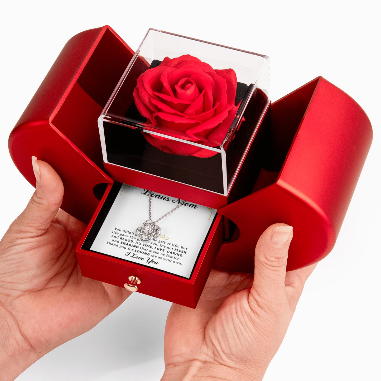 To My Bonus Mom - Love Knot Necklace with Red Heart Rose Box - Stepmom Gifts From Son or Daughter