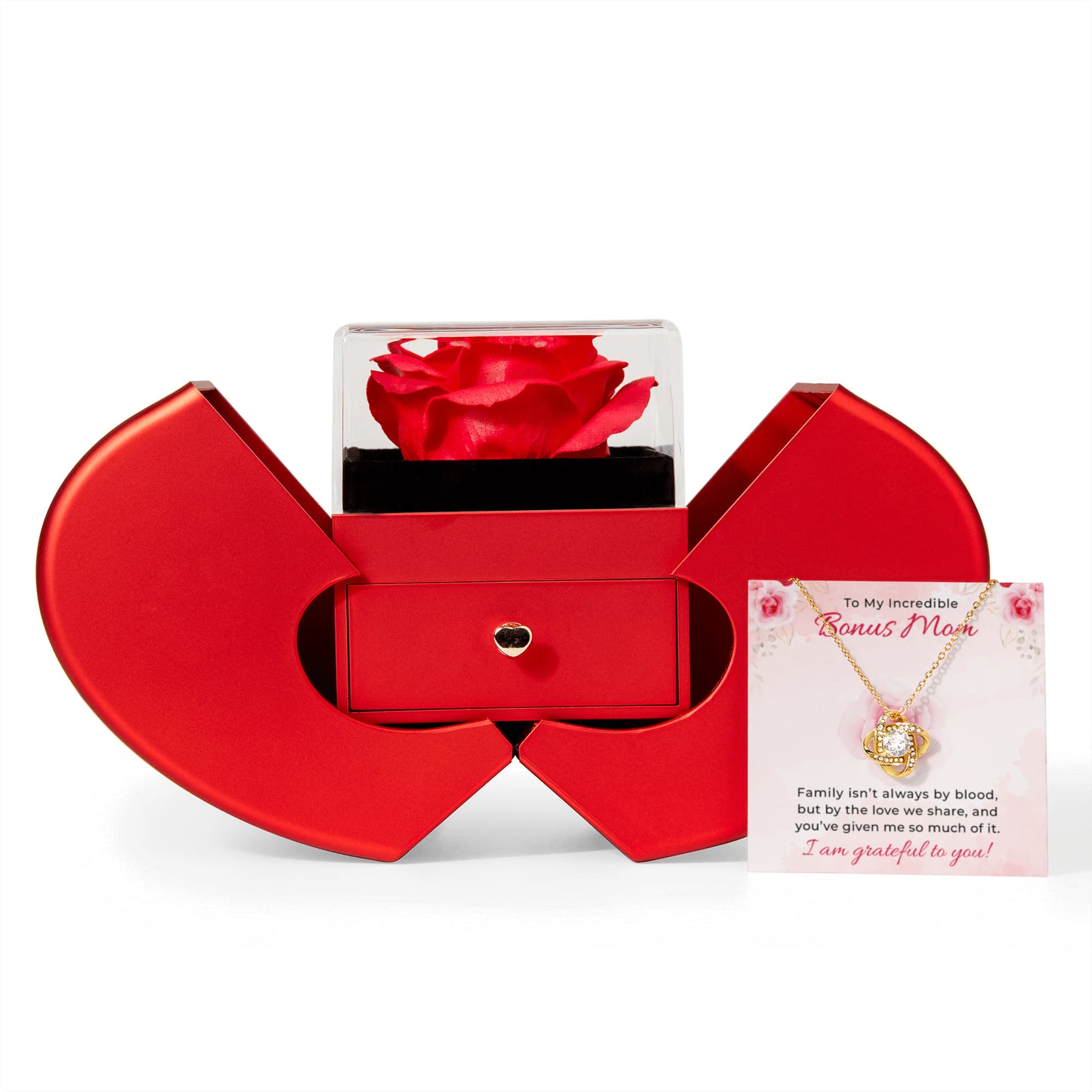 To My Incridible Bonus Mom Gifts - Love Knot Necklace with Red Heart Rose Box