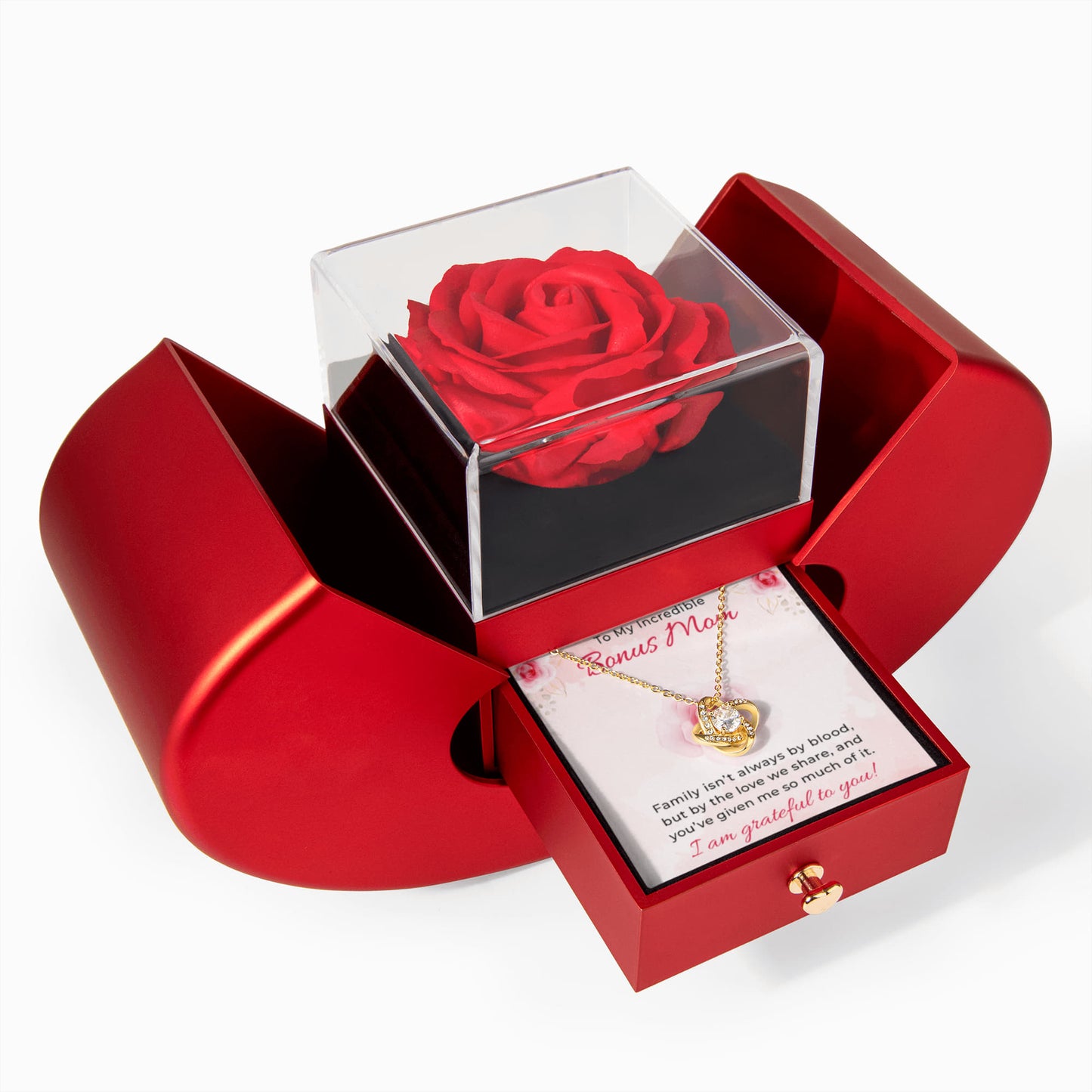 To My Incridible Bonus Mom Gifts - Love Knot Necklace with Red Heart Rose Box