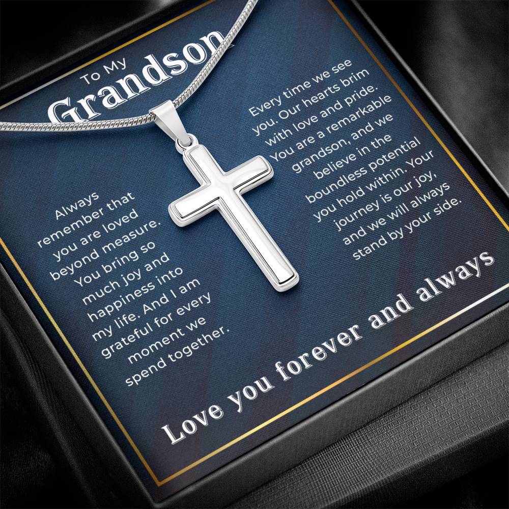 To Our Grandson Gift Artisan Cross Necklace, Grandson Gift from Grandma or Grandpa, Grandparents to Grandson Gift, Grandson Christmas Gift Ideas