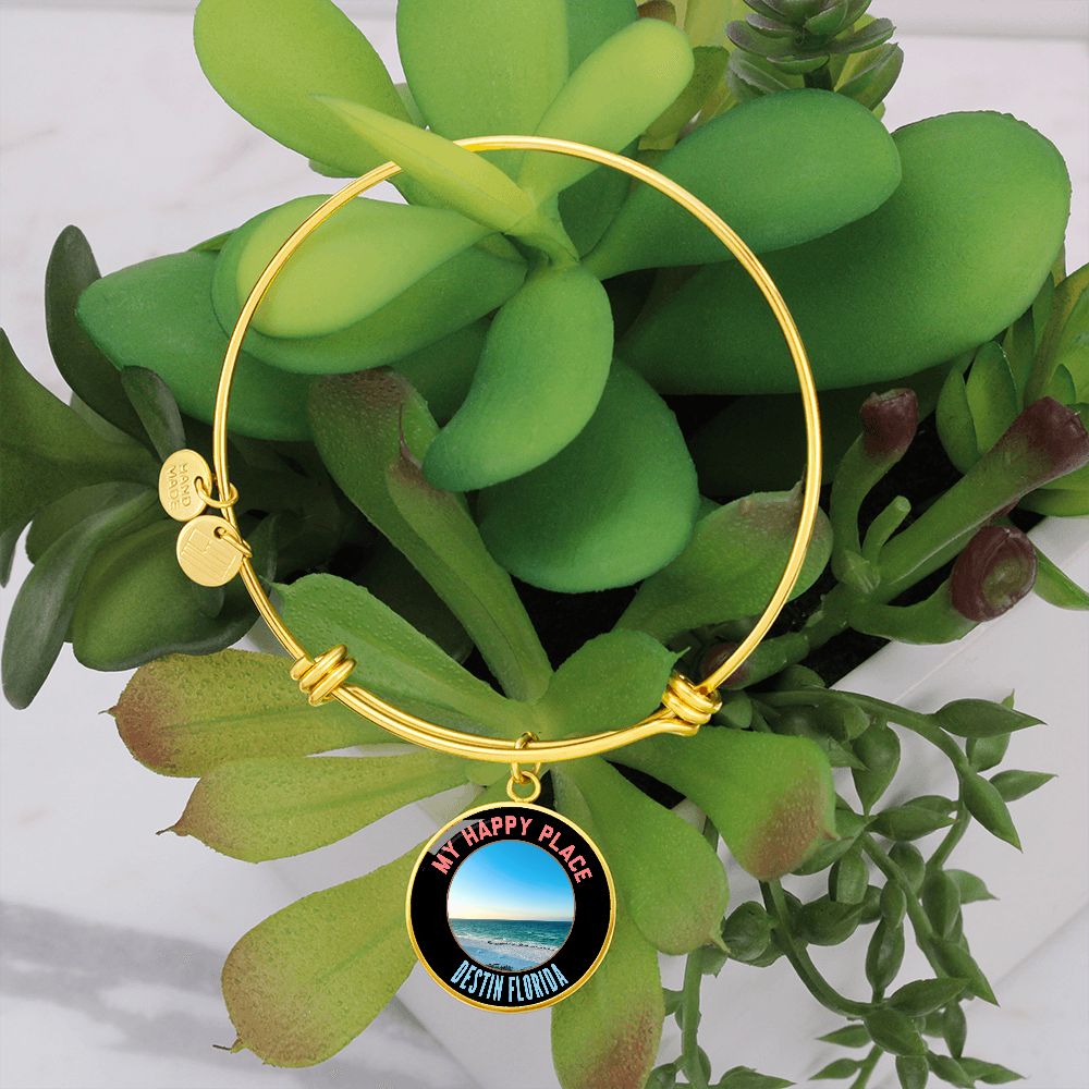 Happy Place Destin Florida Bangle Bracelet - Elegant Personalized Jewelry - 18k Gold Plate or Stainless Steel