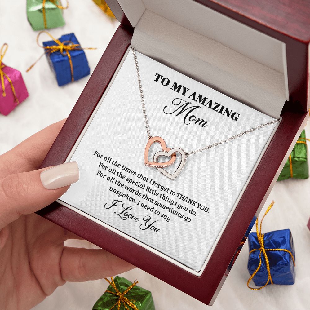 To My Mom Tiffany Interlocking Heart Necklace Polished Stainless Steel or Rose Gold Finish